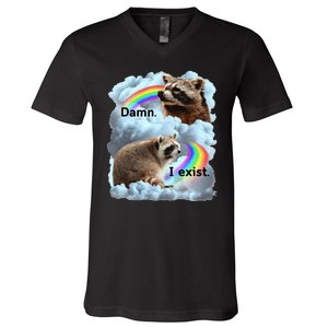 Raccoon Funny I Exist Depression Meme Dark Mental Health V-Neck T-Shirt