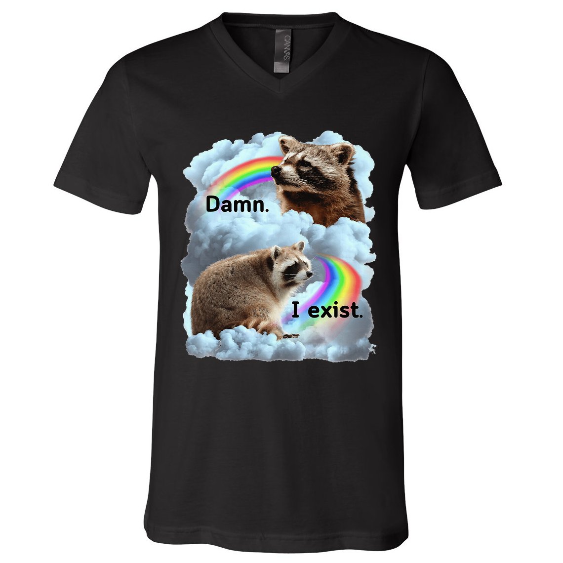 Raccoon Funny I Exist Depression Meme Dark Mental Health V-Neck T-Shirt