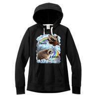 Raccoon Funny I Exist Depression Meme Dark Mental Health Women's Fleece Hoodie