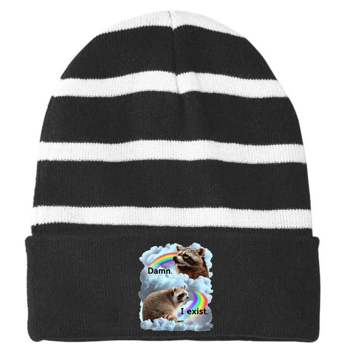 Raccoon Funny I Exist Depression Meme Dark Mental Health Striped Beanie with Solid Band