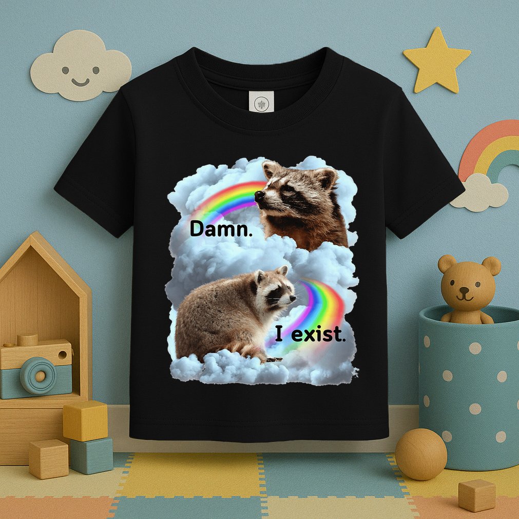 Raccoon Funny I Exist Depression Meme Dark Mental Health Toddler T-Shirt