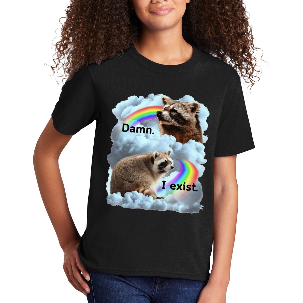 Raccoon Funny I Exist Depression Meme Dark Mental Health Kids T-Shirt