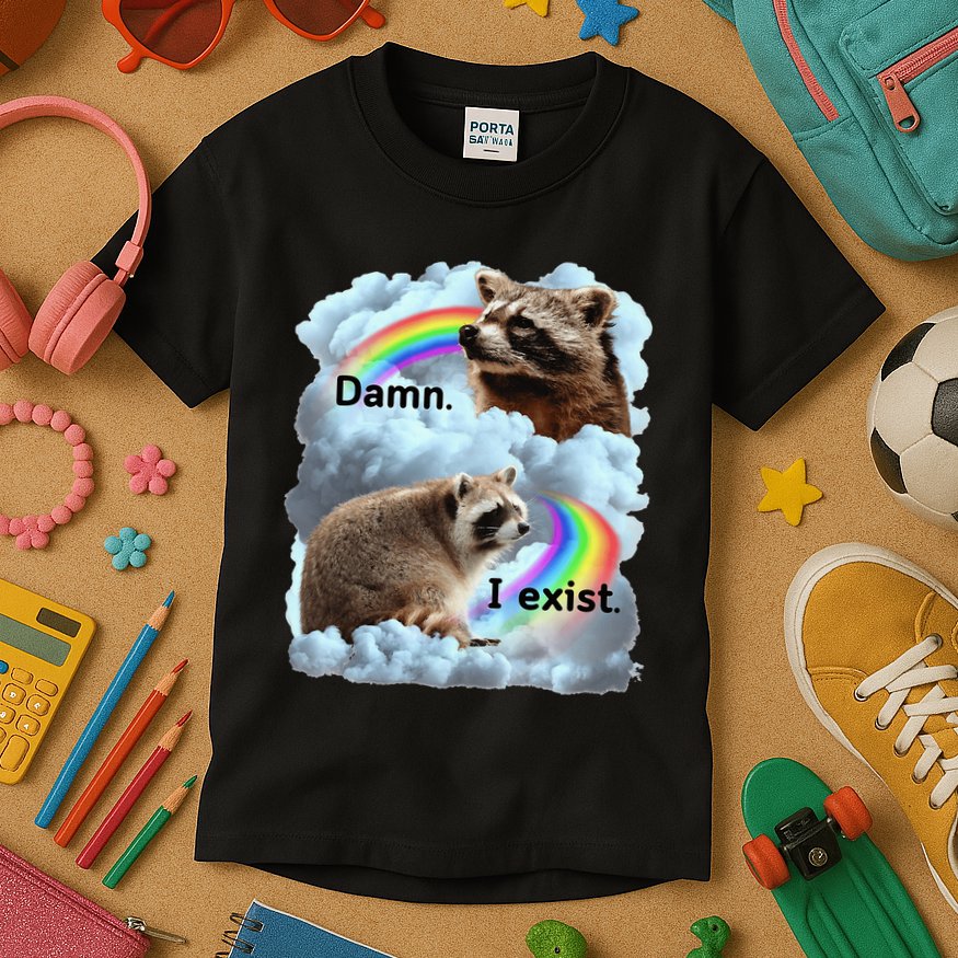 Raccoon Funny I Exist Depression Meme Dark Mental Health Kids T-Shirt