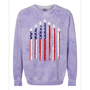 Retro Fighter Jet Airplane Usa Flag 4th Of July Colorblast Crewneck Sweatshirt