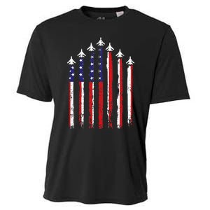 Retro Fighter Jet Airplane Usa Flag 4th Of July Cooling Performance Crew T-Shirt