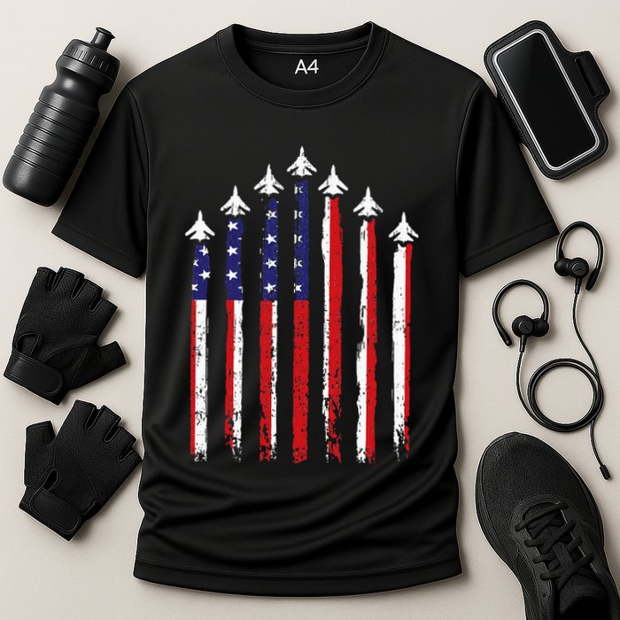 Retro Fighter Jet Airplane Usa Flag 4th Of July Cooling Performance Crew T-Shirt