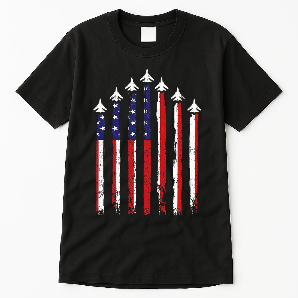Retro Fighter Jet Airplane Usa Flag 4th Of July Tall T-Shirt
