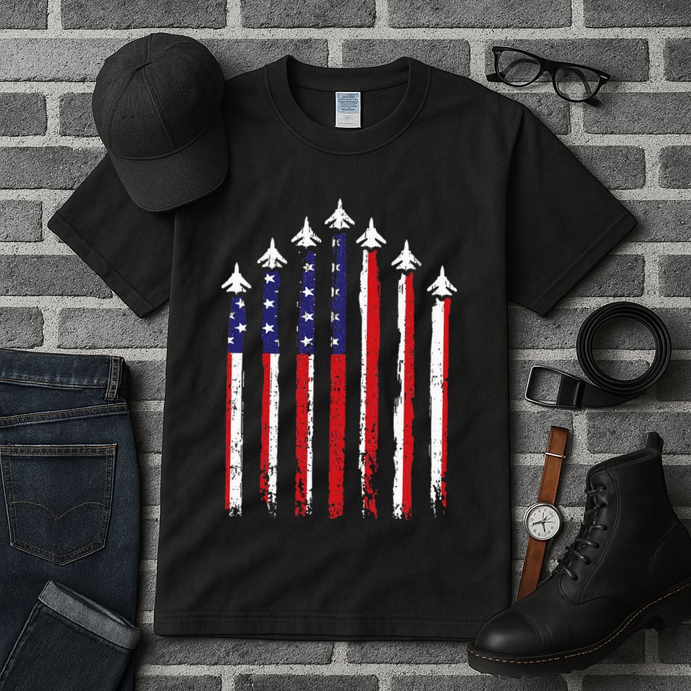 Retro Fighter Jet Airplane Usa Flag 4th Of July Tall T-Shirt
