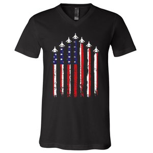 Retro Fighter Jet Airplane Usa Flag 4th Of July V-Neck T-Shirt