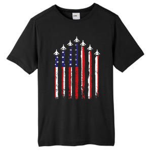 Retro Fighter Jet Airplane Usa Flag 4th Of July Tall Fusion ChromaSoft Performance T-Shirt