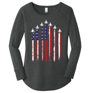 Retro Fighter Jet Airplane Usa Flag 4th Of July Women's Perfect Tri Tunic Long Sleeve Shirt