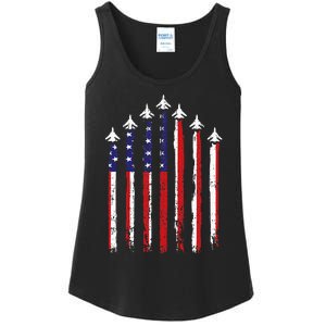 Retro Fighter Jet Airplane Usa Flag 4th Of July Ladies Essential Tank