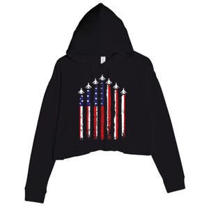 Retro Fighter Jet Airplane Usa Flag 4th Of July Crop Fleece Hoodie