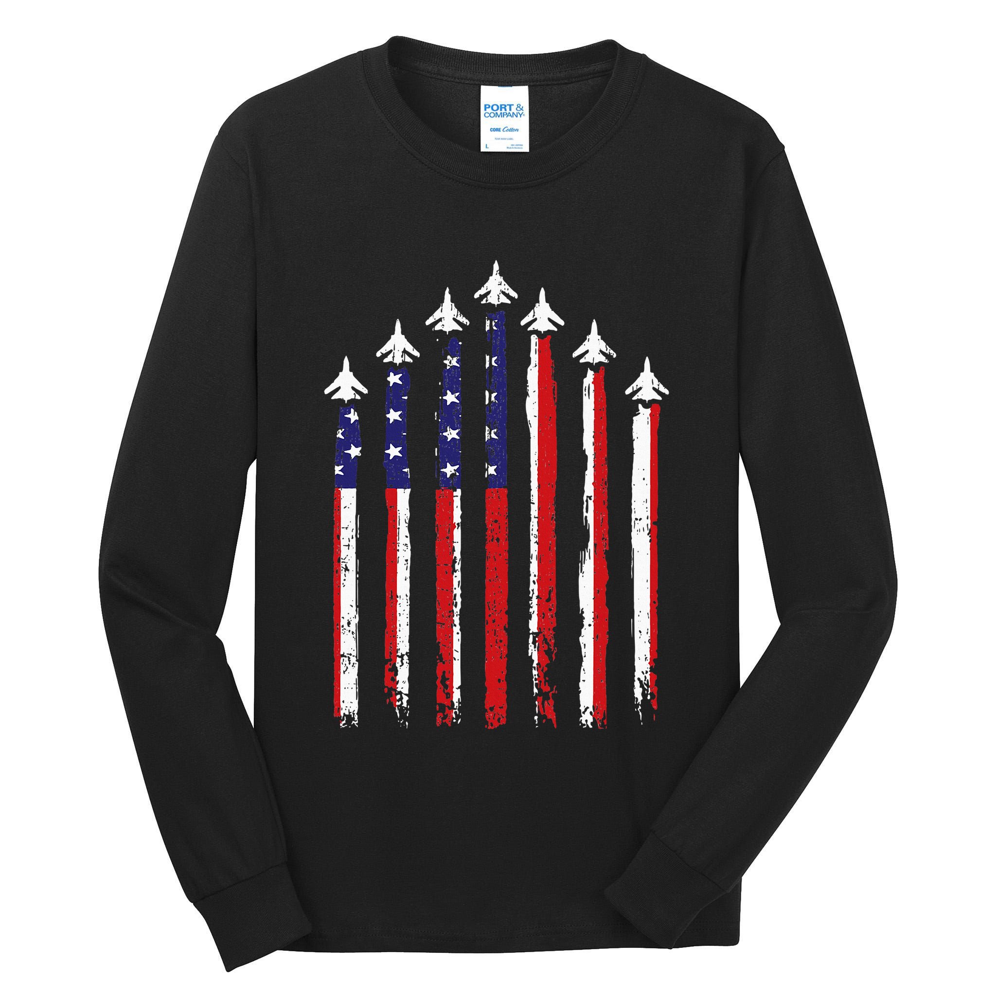 Retro Fighter Jet Airplane Usa Flag 4th Of July Tall Long Sleeve T-Shirt