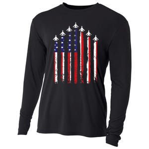 Retro Fighter Jet Airplane Usa Flag 4th Of July Cooling Performance Long Sleeve Crew