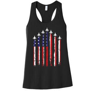 Retro Fighter Jet Airplane Usa Flag 4th Of July Women's Racerback Tank