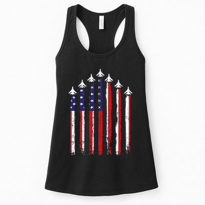 Retro Fighter Jet Airplane Usa Flag 4th Of July Womens Tank Top