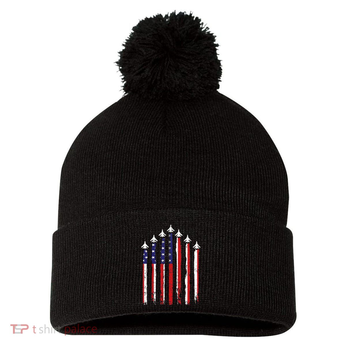 Retro Fighter Jet Airplane Usa Flag 4th Of July Pom Pom 12in Knit Beanie