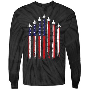 Retro Fighter Jet Airplane Usa Flag 4th Of July Tie-Dye Long Sleeve Shirt