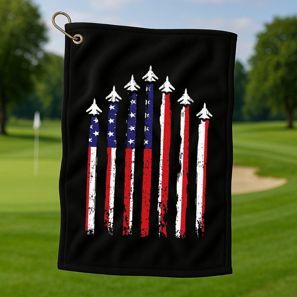 Retro Fighter Jet Airplane Usa Flag 4th Of July Golf Towel