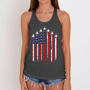 Retro Fighter Jet Airplane Usa Flag 4th Of July Women's Knotted Racerback Tank