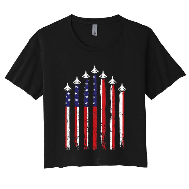 Retro Fighter Jet Airplane Usa Flag 4th Of July Crop Top