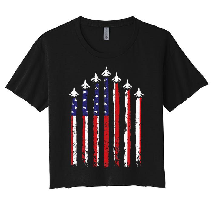 Retro Fighter Jet Airplane Usa Flag 4th Of July Women's Crop Top Tee