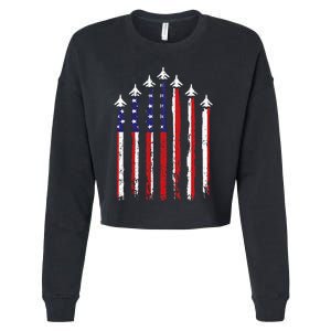 Retro Fighter Jet Airplane Usa Flag 4th Of July Cropped Pullover Crew