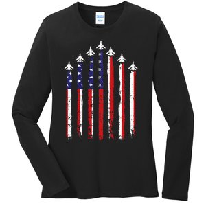 Retro Fighter Jet Airplane Usa Flag 4th Of July Ladies Long Sleeve Shirt