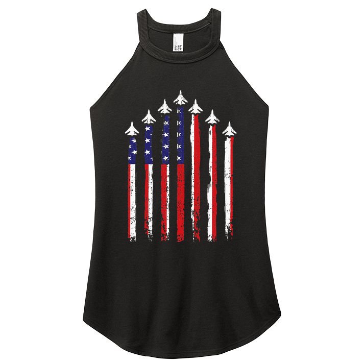 Retro Fighter Jet Airplane Usa Flag 4th Of July Women's Perfect Tri Rocker Tank