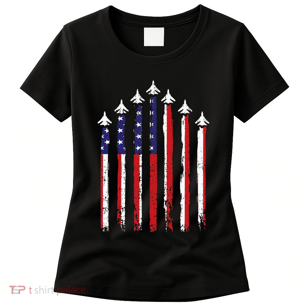 Retro Fighter Jet Airplane Usa Flag 4th Of July Womens T-Shirt