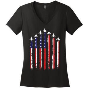 Retro Fighter Jet Airplane Usa Flag 4th Of July Women's V-Neck T-Shirt