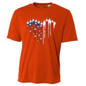 Retro Fighter Jet Airplane American Flag Heart 4th Of July Cooling Performance Crew T-Shirt