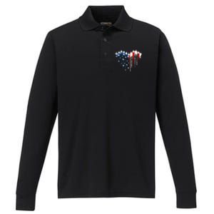 Retro Fighter Jet Airplane American Flag Heart 4th Of July Performance Long Sleeve Polo