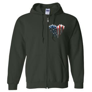 Retro Fighter Jet Airplane American Flag Heart 4th Of July Full Zip Hoodie