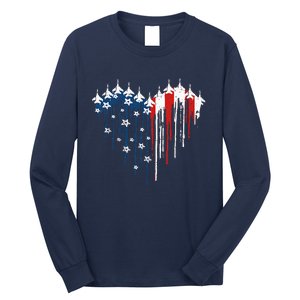 Retro Fighter Jet Airplane American Flag Heart 4th Of July Long Sleeve Shirt