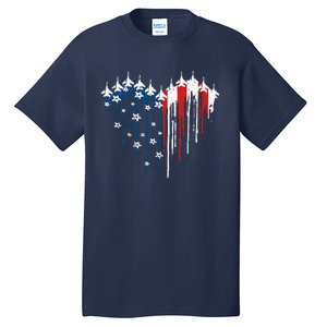 Retro Fighter Jet Airplane American Flag Heart 4th Of July Tall T-Shirt