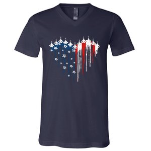 Retro Fighter Jet Airplane American Flag Heart 4th Of July V-Neck T-Shirt