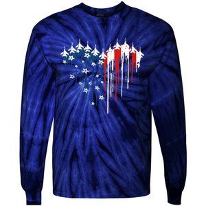 Retro Fighter Jet Airplane American Flag Heart 4th Of July Tie-Dye Long Sleeve Shirt