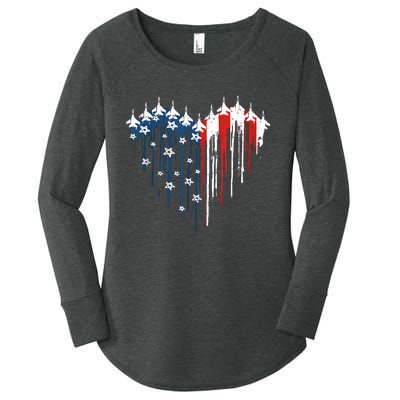 Retro Fighter Jet Airplane American Flag Heart 4th Of July Women's Perfect Tri Tunic Long Sleeve Shirt