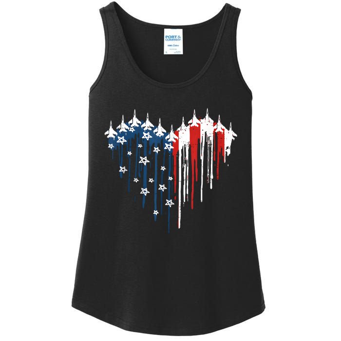 Retro Fighter Jet Airplane American Flag Heart 4th Of July Ladies Essential Tank