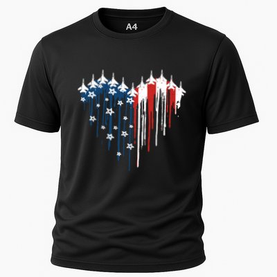 Retro Fighter Jet Airplane American Flag Heart 4th Of July Cooling Performance Crew T-Shirt