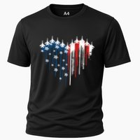 Retro Fighter Jet Airplane American Flag Heart 4th Of July Cooling Performance Crew T-Shirt