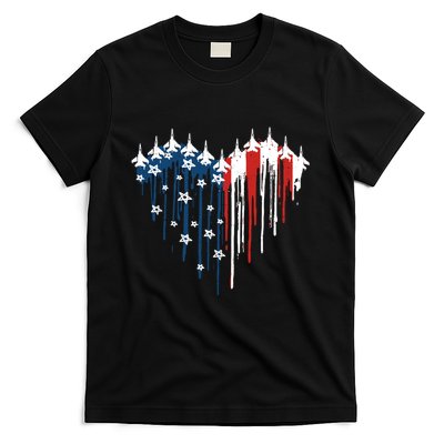 Retro Fighter Jet Airplane American Flag Heart 4th Of July T-Shirt