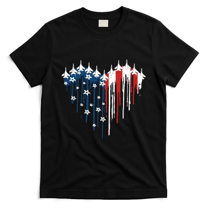 Retro Fighter Jet Airplane American Flag Heart 4th Of July T-Shirt