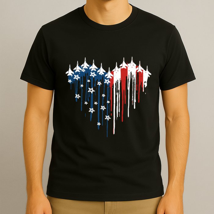 Retro Fighter Jet Airplane American Flag Heart 4th Of July T-Shirt
