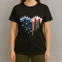 Retro Fighter Jet Airplane American Flag Heart 4th Of July T-Shirt