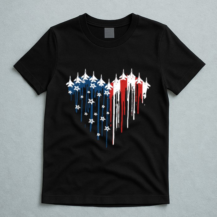 Retro Fighter Jet Airplane American Flag Heart 4th Of July T-Shirt