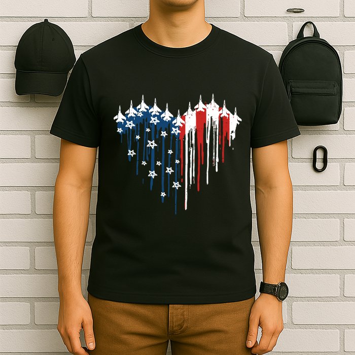 Retro Fighter Jet Airplane American Flag Heart 4th Of July T-Shirt