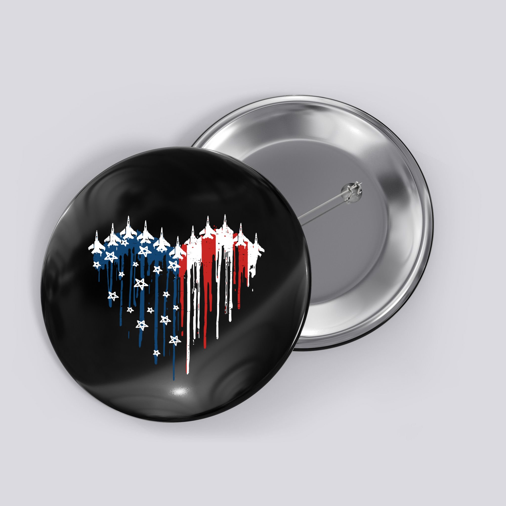 Retro Fighter Jet Airplane American Flag Heart 4th Of July Button